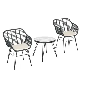 3PC Outdoor Furniture Bistro Set | Lounge Setting | Table Chairs | Cushion Patio | Grey