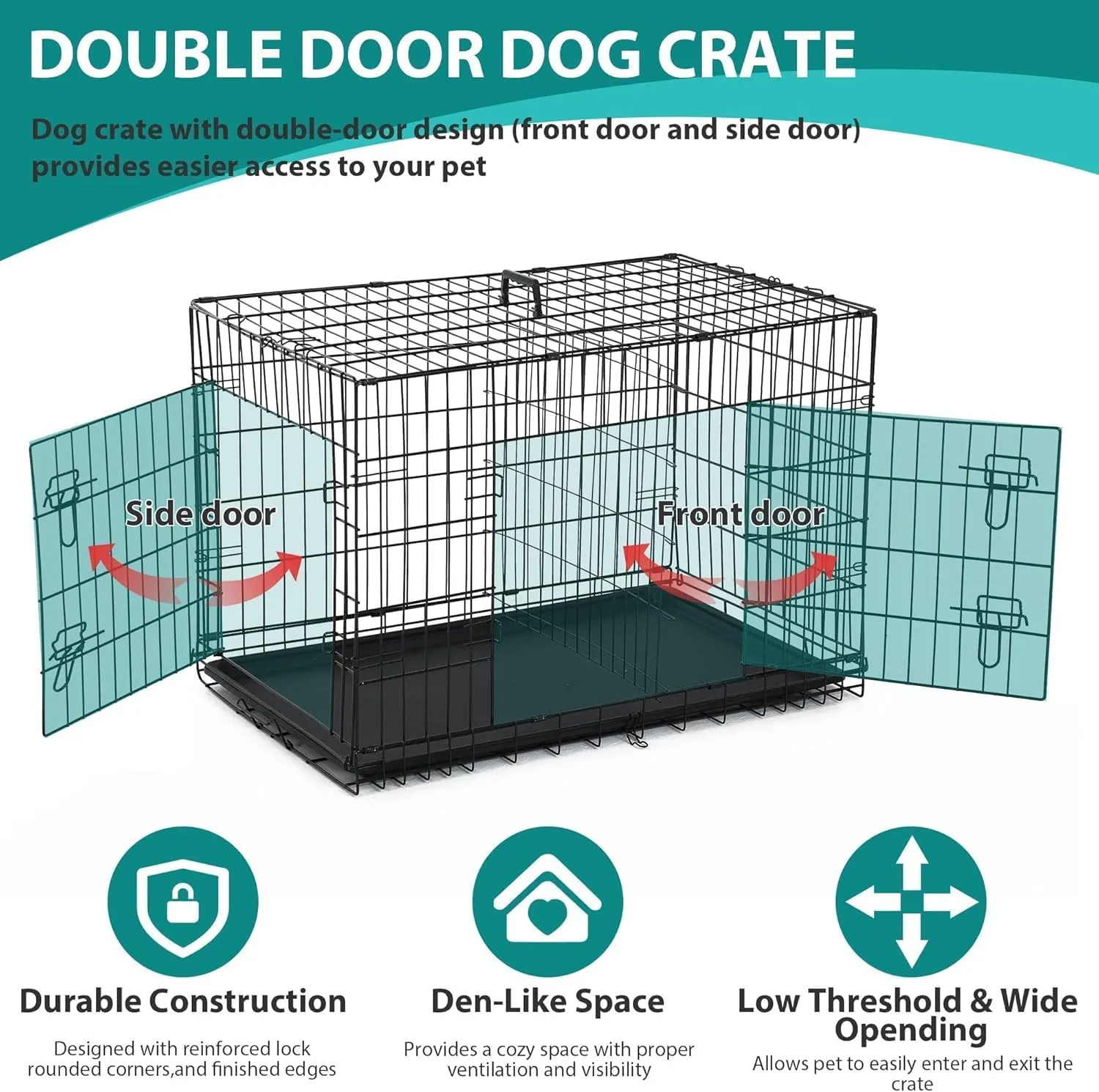 48 Inch Extra Large Dog Crates with Double Door,Divider Panel,Handle,Plastic Leak-Proof Pan Removable Tray,Folding XXL Metal Wire Dog Kennel Dog Crates for Medium to Large Dogs Indoor Outdoor,Black