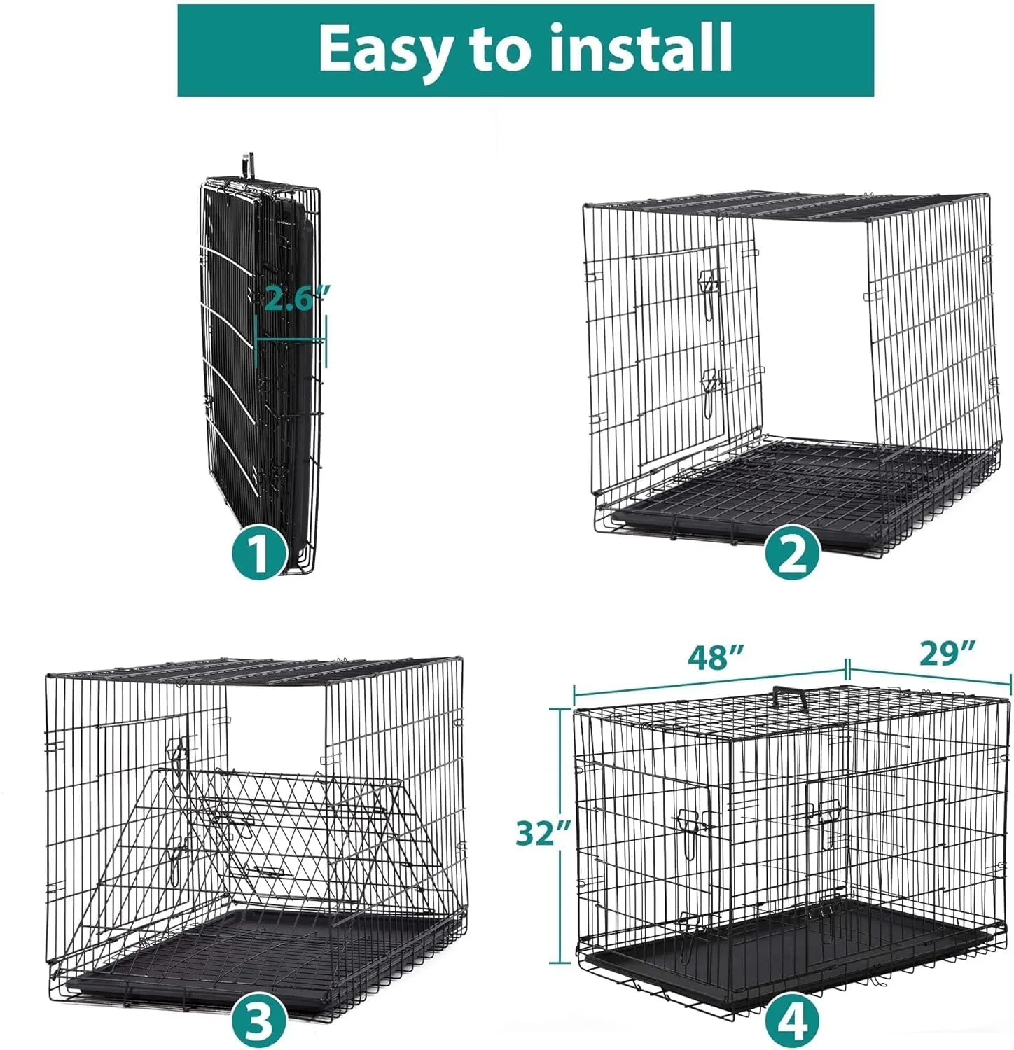 48 Inch Extra Large Dog Crates with Double Door,Divider Panel,Handle,Plastic Leak-Proof Pan Removable Tray,Folding XXL Metal Wire Dog Kennel Dog Crates for Medium to Large Dogs Indoor Outdoor,Black