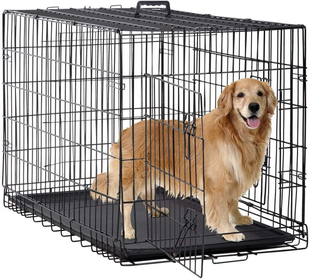 48 Inch Extra Large Dog Crates with Double Door,Divider Panel,Handle,Plastic Leak-Proof Pan Removable Tray,Folding XXL Metal Wire Dog Kennel Dog Crates for Medium to Large Dogs Indoor Outdoor,Black