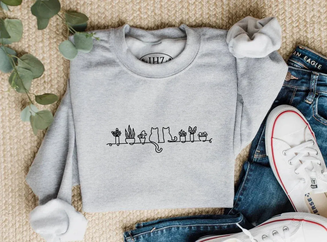 Adorable Cat Lovers' Tee / Cozy Sweatshirt / Comfy Hoodie Featuring Cats and Plants