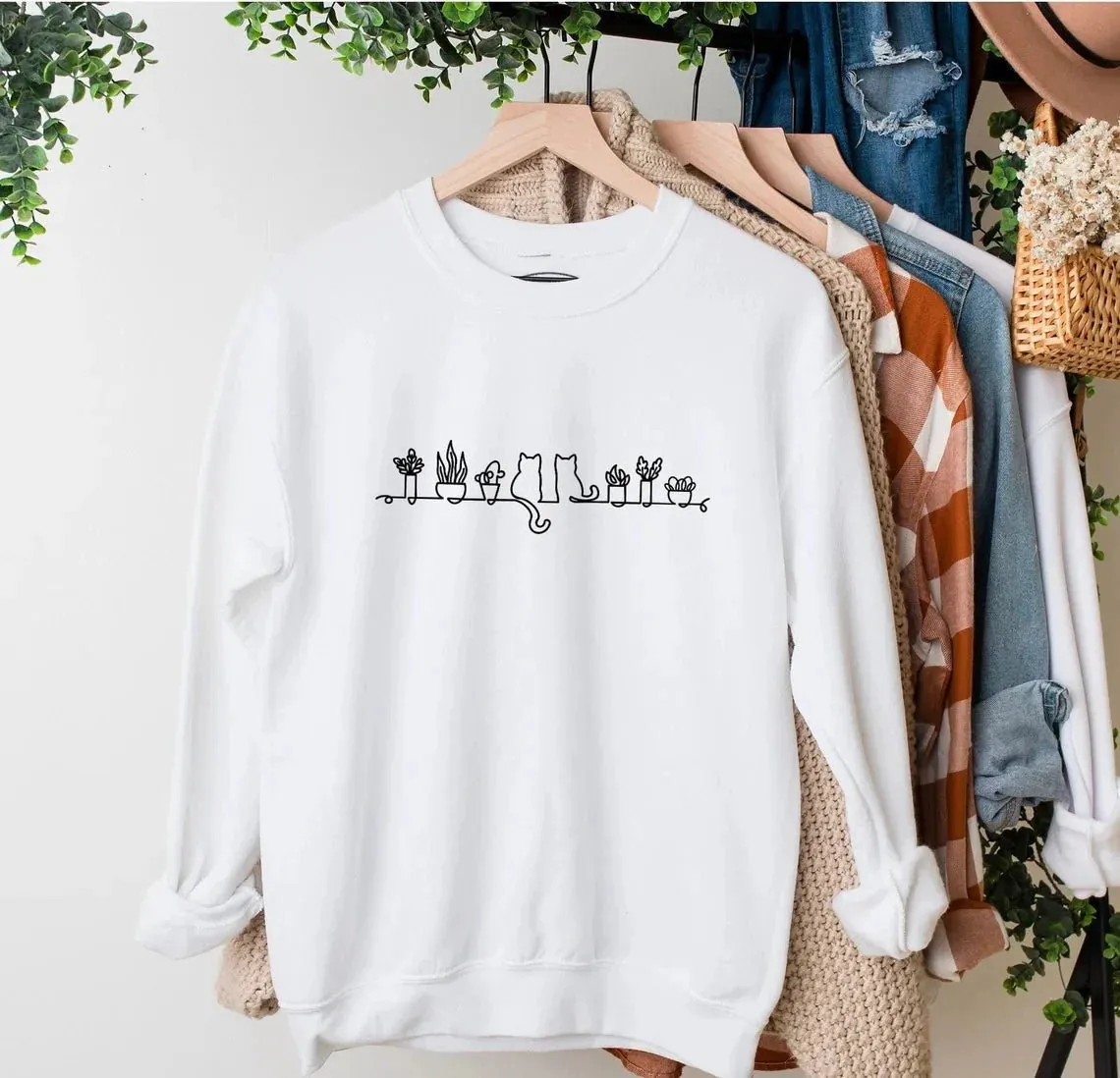 Adorable Cat Lovers' Tee / Cozy Sweatshirt / Comfy Hoodie Featuring Cats and Plants