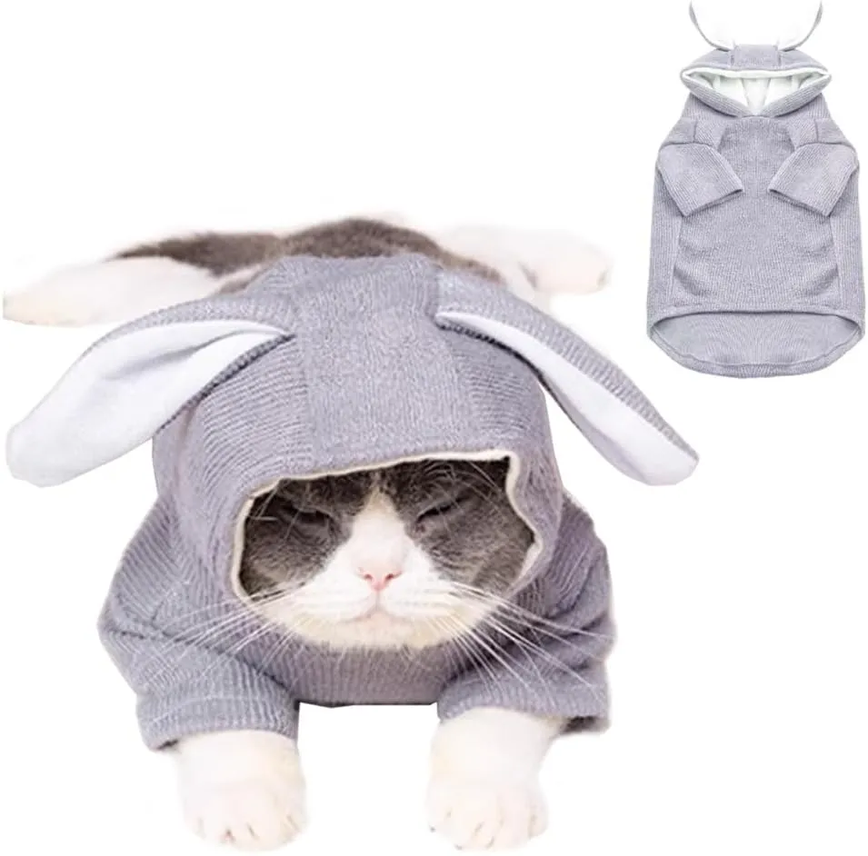 ANIAC Funny Dog Hoodies for Small Dog Girl Boy Bunny Ears Dog Clothes Hooded Puppy Sweatshirt Cat Apparel Pet Costume for Easter Halloween Christmas Holiday (Large, Grey)