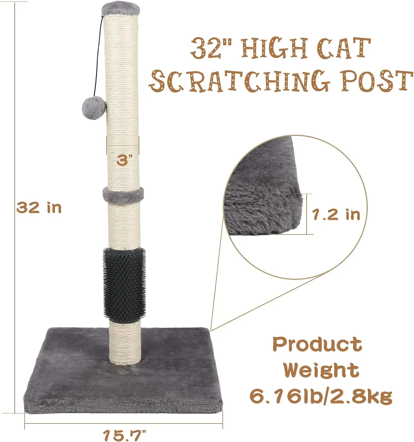 ANWA Tall Cat Scratching Posts for Indoor Cats and Kittens, 32 Vertical Scratching Post with Reinforced Base, Premium Sisal Cat Scratching Post with Dangling Plush Ball and Self-Grooming Brush