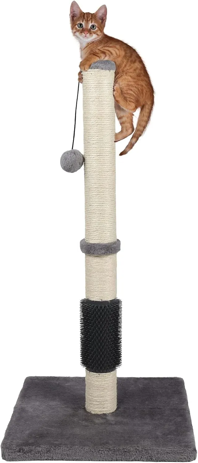 ANWA Tall Cat Scratching Posts for Indoor Cats and Kittens, 32 Vertical Scratching Post with Reinforced Base, Premium Sisal Cat Scratching Post with Dangling Plush Ball and Self-Grooming Brush