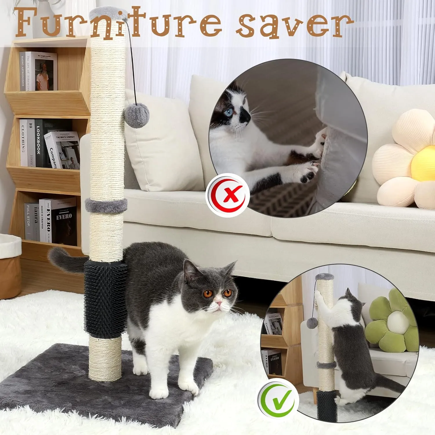 ANWA Tall Cat Scratching Posts for Indoor Cats and Kittens, 32 Vertical Scratching Post with Reinforced Base, Premium Sisal Cat Scratching Post with Dangling Plush Ball and Self-Grooming Brush