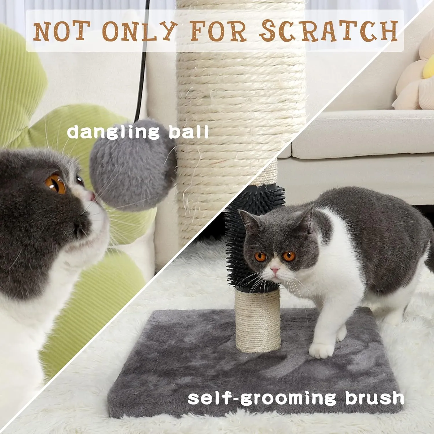 ANWA Tall Cat Scratching Posts for Indoor Cats and Kittens, 32 Vertical Scratching Post with Reinforced Base, Premium Sisal Cat Scratching Post with Dangling Plush Ball and Self-Grooming Brush