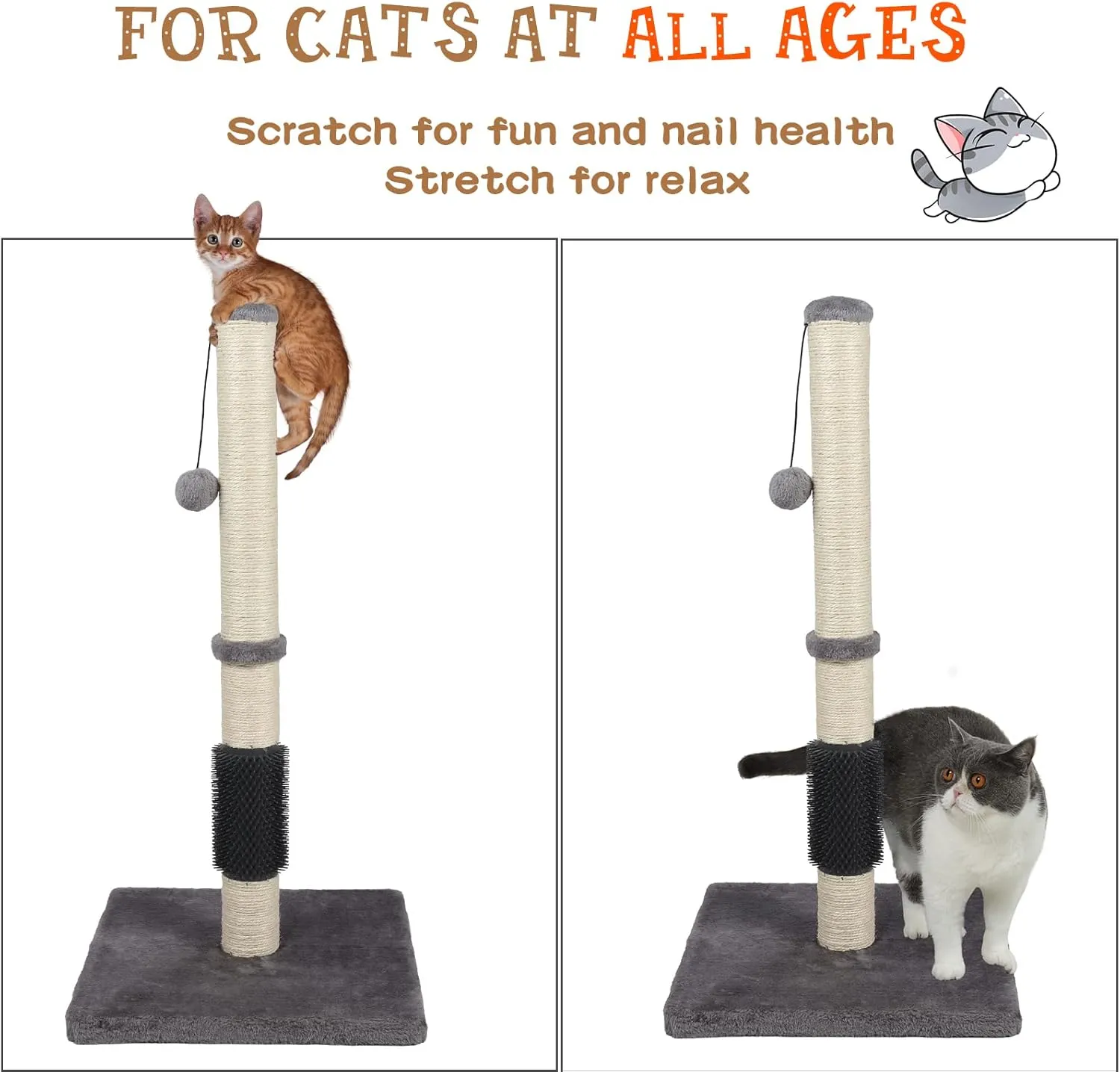 ANWA Tall Cat Scratching Posts for Indoor Cats and Kittens, 32 Vertical Scratching Post with Reinforced Base, Premium Sisal Cat Scratching Post with Dangling Plush Ball and Self-Grooming Brush