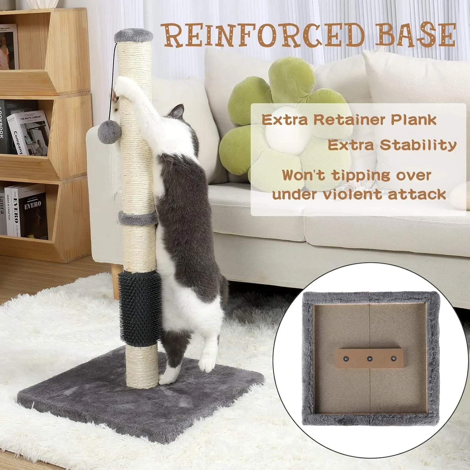 ANWA Tall Cat Scratching Posts for Indoor Cats and Kittens, 32 Vertical Scratching Post with Reinforced Base, Premium Sisal Cat Scratching Post with Dangling Plush Ball and Self-Grooming Brush