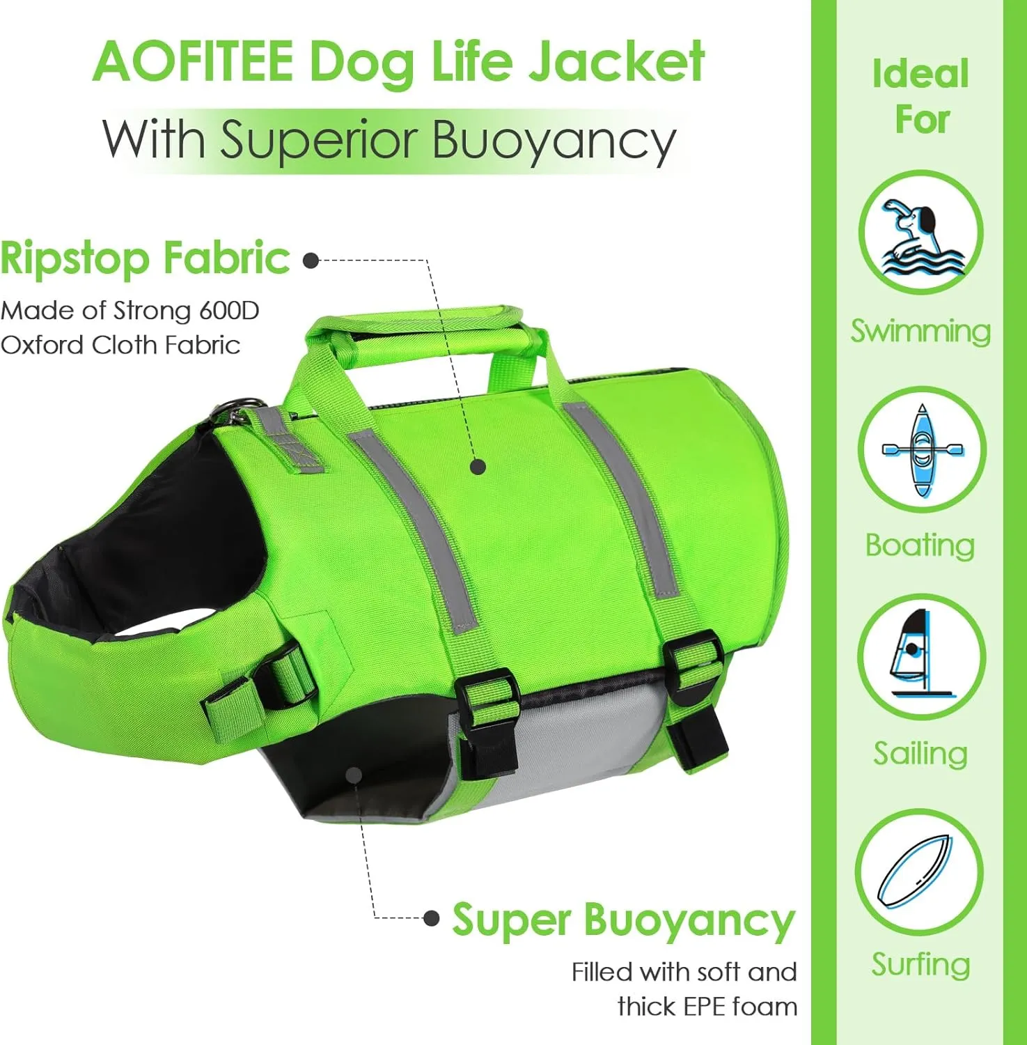 AOFITEE Dog Life Jacket High Flotation, Dog Life Vest for Swimming, Reflective Medium Dog Swimming Vest, Adjustable Dogs Swimsuit Lifesaver with Zipper and Rescue Handle for Small Medium Large Dogs