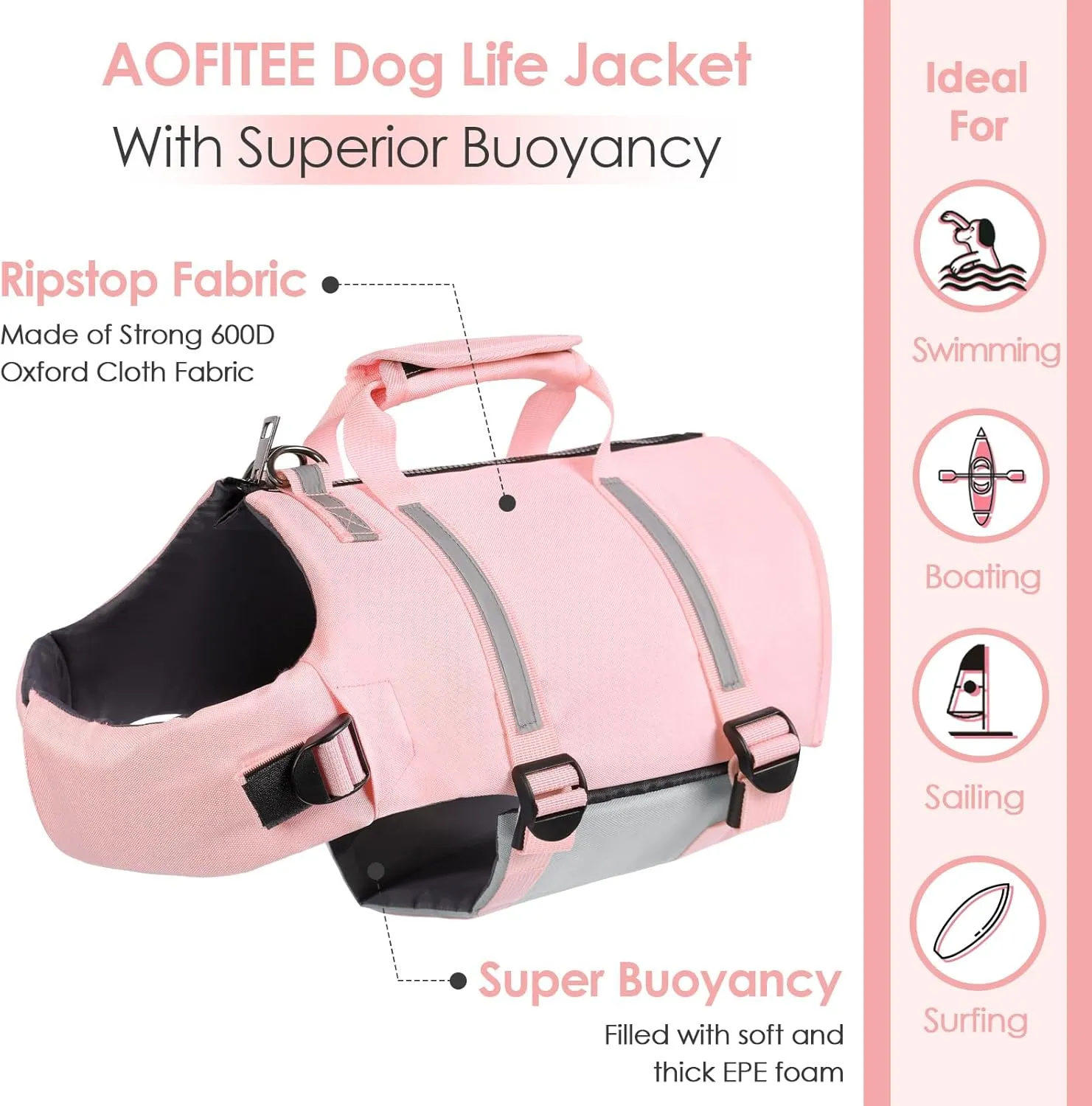 AOFITEE Dog Life Jacket High Flotation, Dog Life Vest for Swimming, Reflective Medium Dog Swimming Vest, Adjustable Dogs Swimsuit Lifesaver with Zipper and Rescue Handle for Small Medium Large Dogs