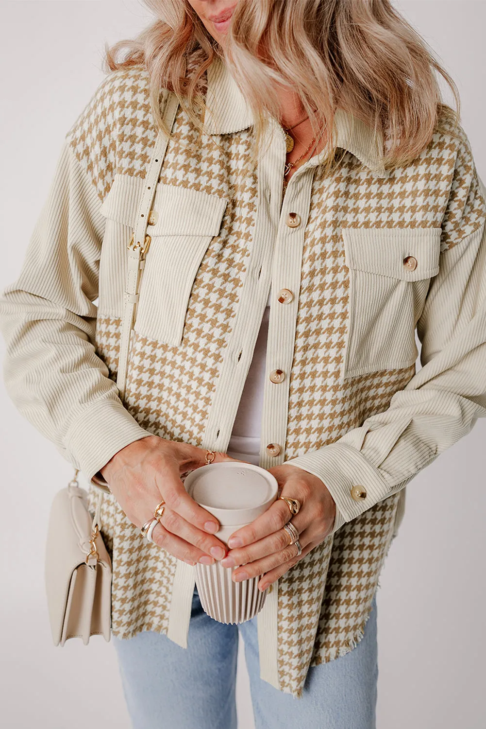 Beige Corduroy and Houndstooth Button-Down Shirt