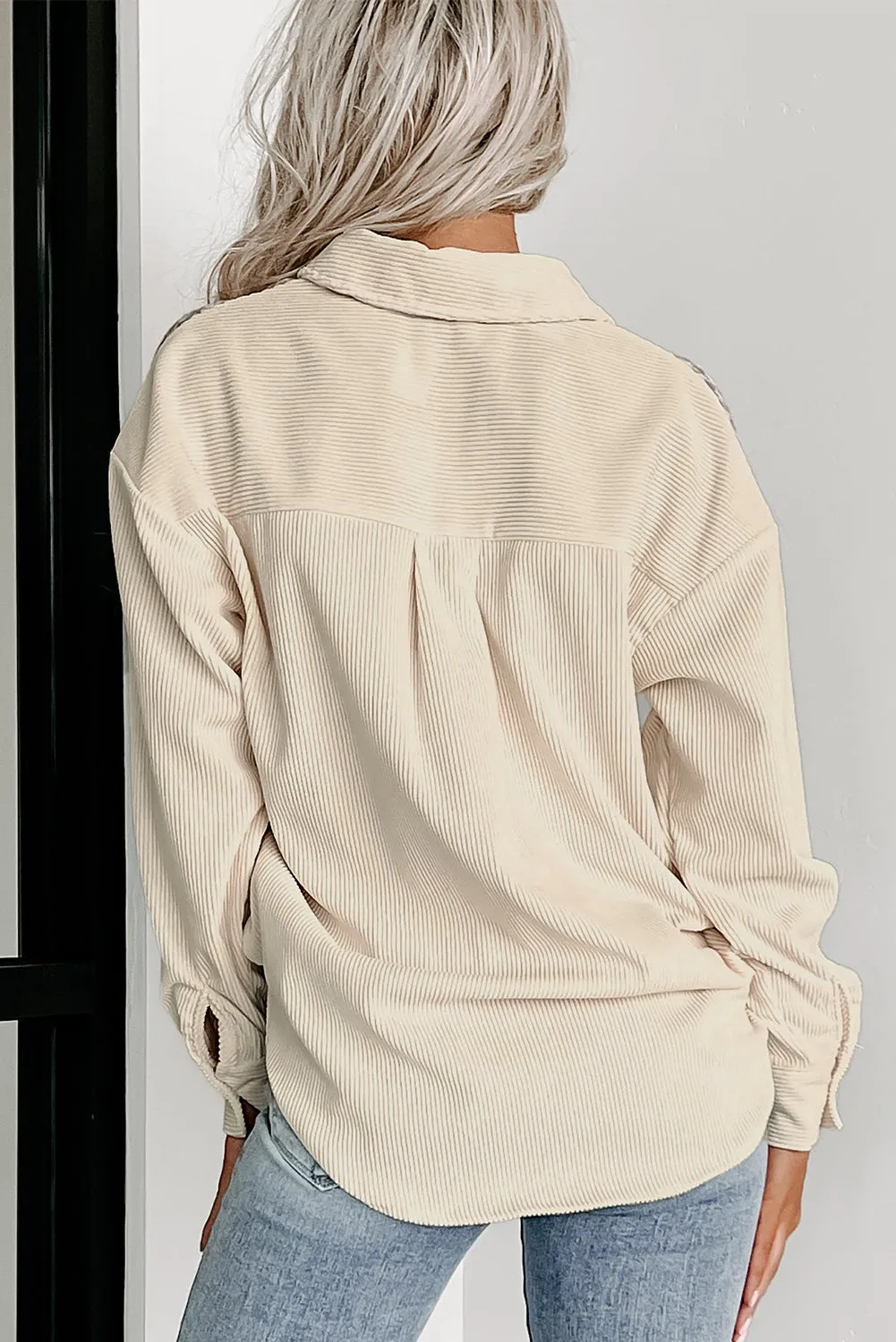 Beige Corduroy and Houndstooth Button-Down Shirt
