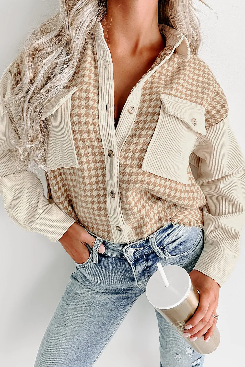 Beige Corduroy and Houndstooth Button-Down Shirt