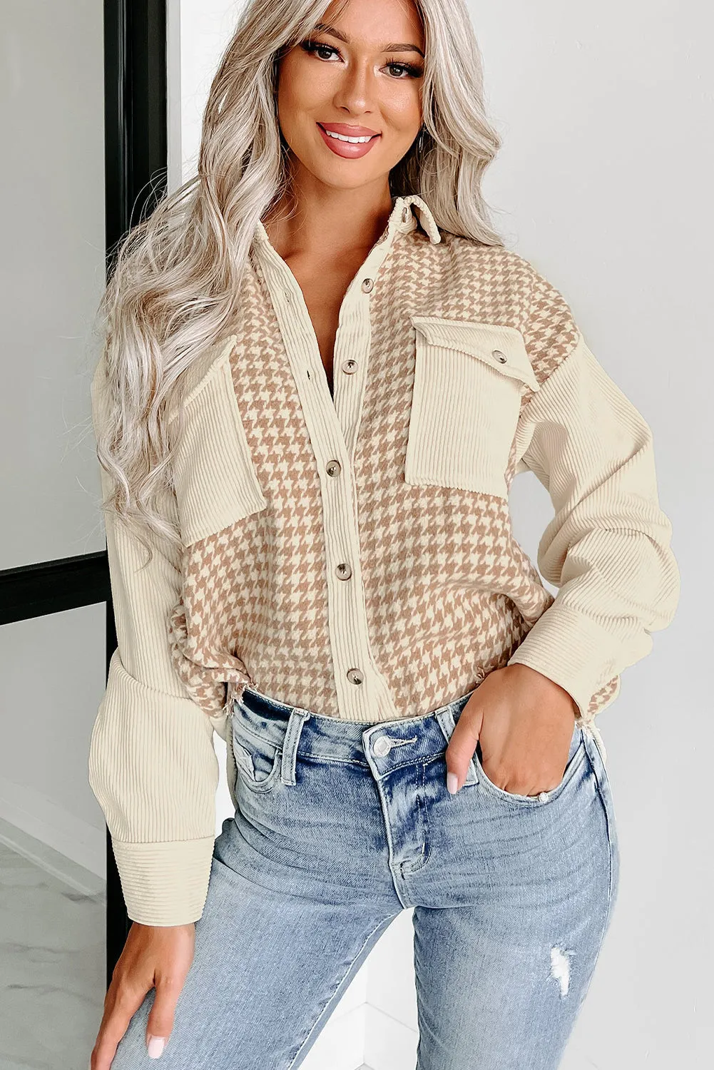 Beige Corduroy and Houndstooth Button-Down Shirt