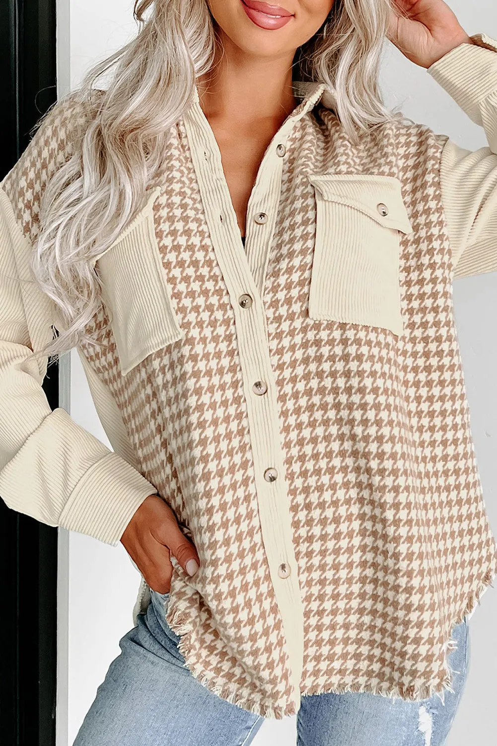 Beige Corduroy and Houndstooth Button-Down Shirt