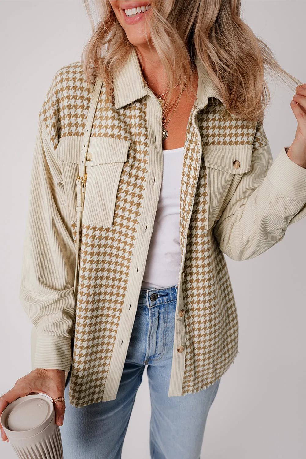Beige Corduroy and Houndstooth Button-Down Shirt