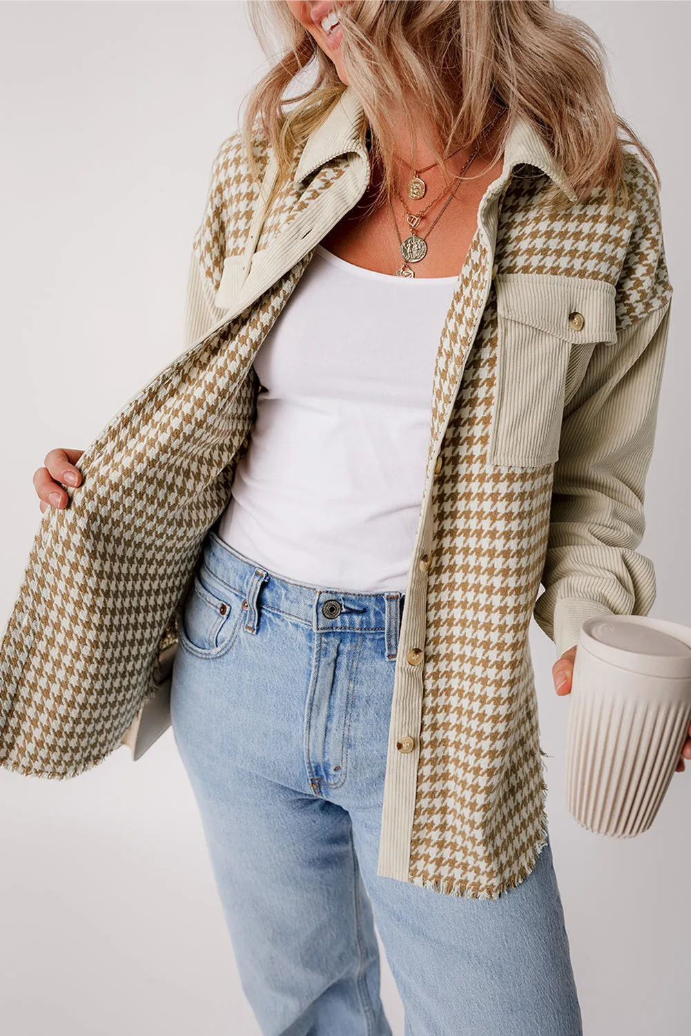 Beige Corduroy and Houndstooth Button-Down Shirt
