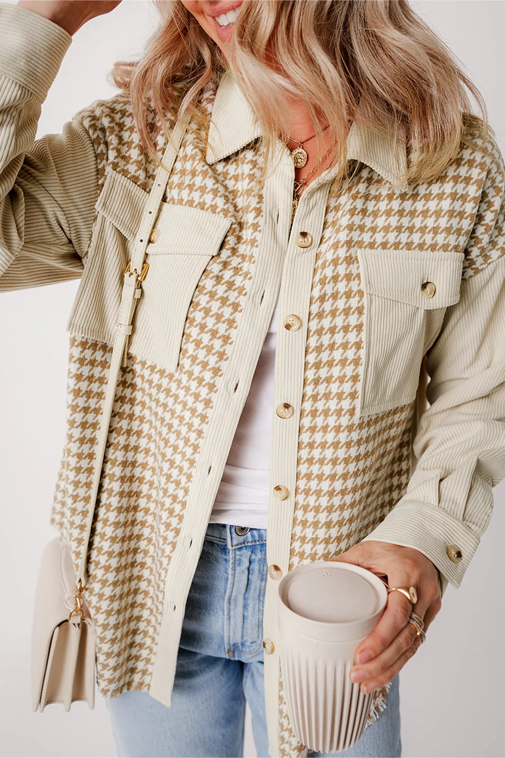 Beige Corduroy and Houndstooth Button-Down Shirt