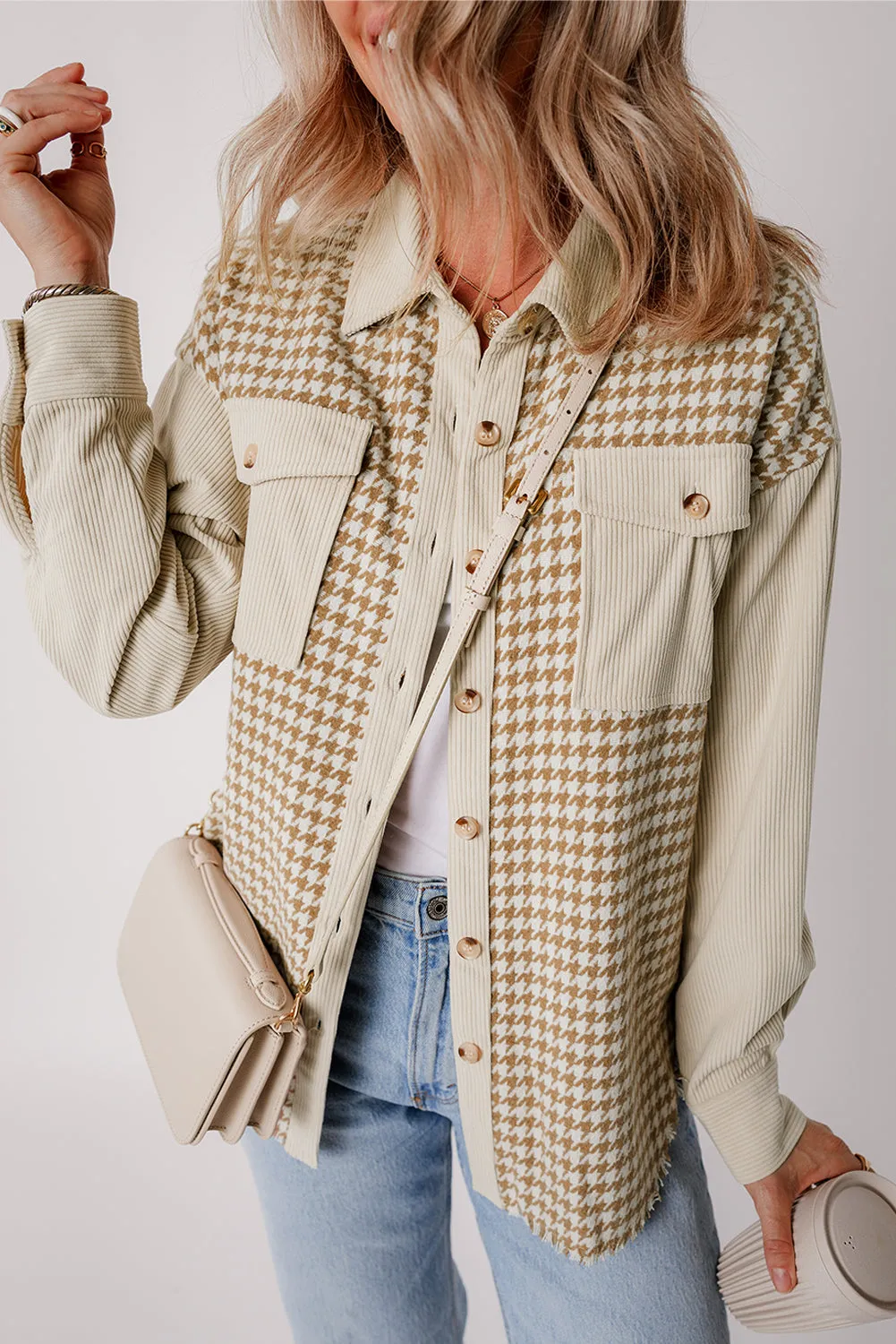 Beige Corduroy and Houndstooth Button-Down Shirt