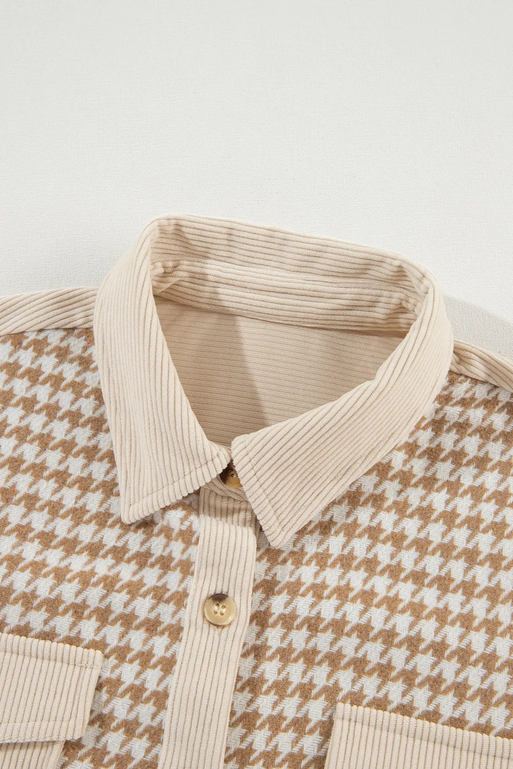 Beige Corduroy and Houndstooth Button-Down Shirt
