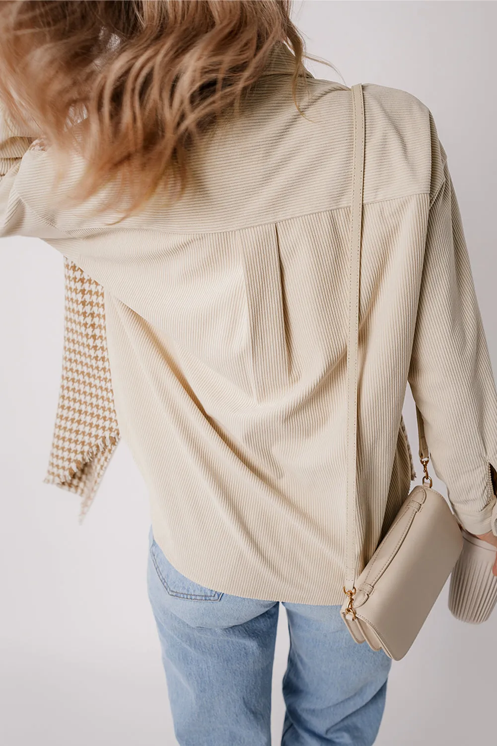 Beige Corduroy and Houndstooth Button-Down Shirt