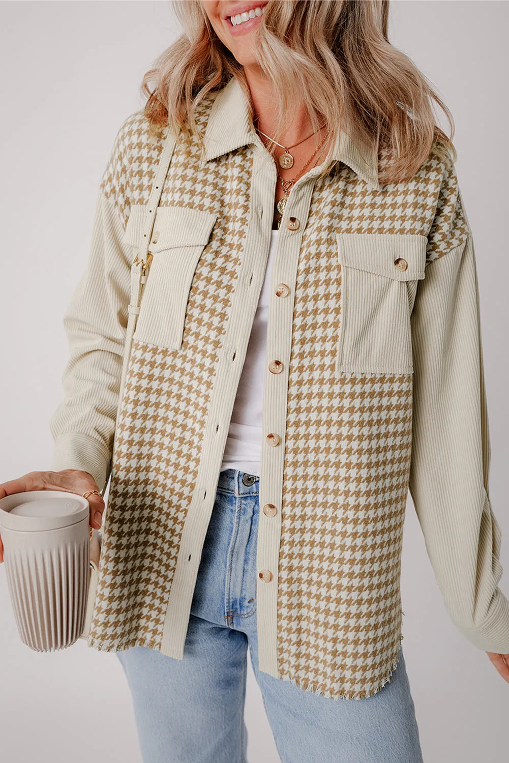 Beige Corduroy and Houndstooth Button-Down Shirt