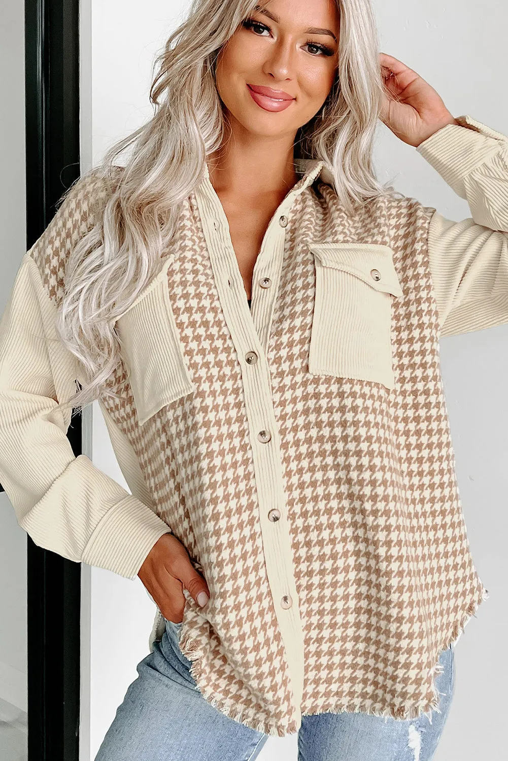 Beige Corduroy and Houndstooth Button-Down Shirt