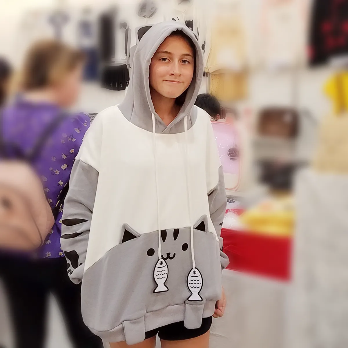 Cat and Fish Gray Hoodie with Cat Ears and Tail