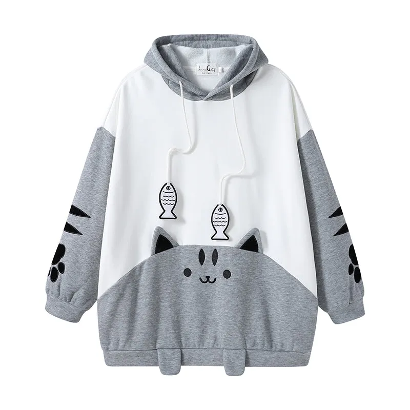 Cat and Fish Gray Hoodie with Cat Ears and Tail