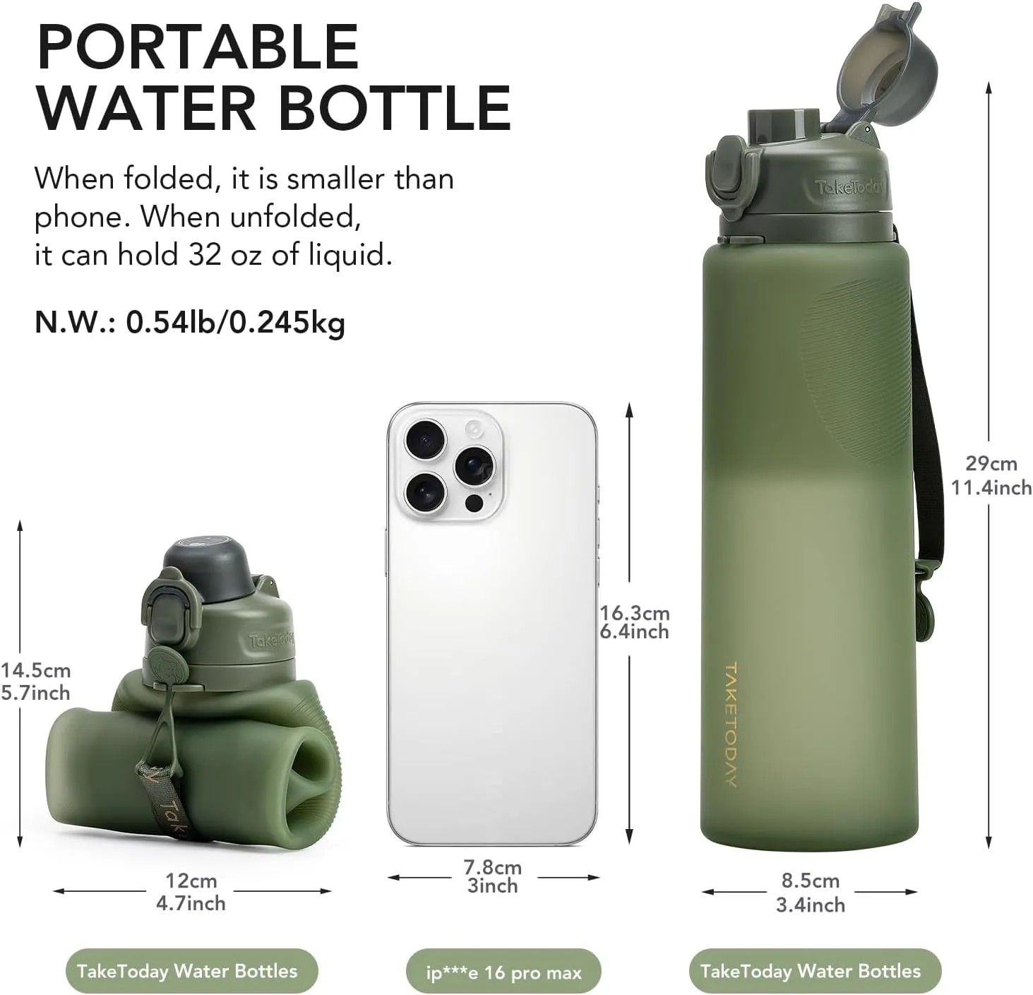 Collapsible 32oz Silicone Water Bottles, Foldable Travel Bottle with Strap, BPA Free, Leakproof for Hiking, International Travel, Outdoors(Green)