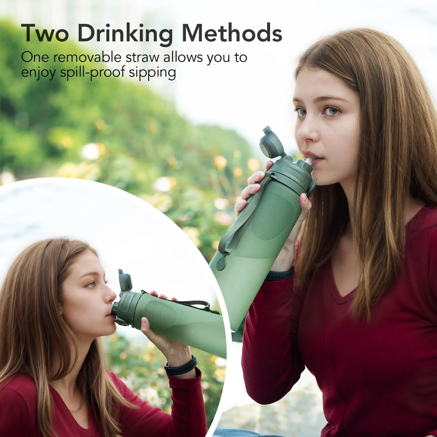 Collapsible 32oz Silicone Water Bottles, Foldable Travel Bottle with Strap, BPA Free, Leakproof for Hiking, International Travel, Outdoors(Green)