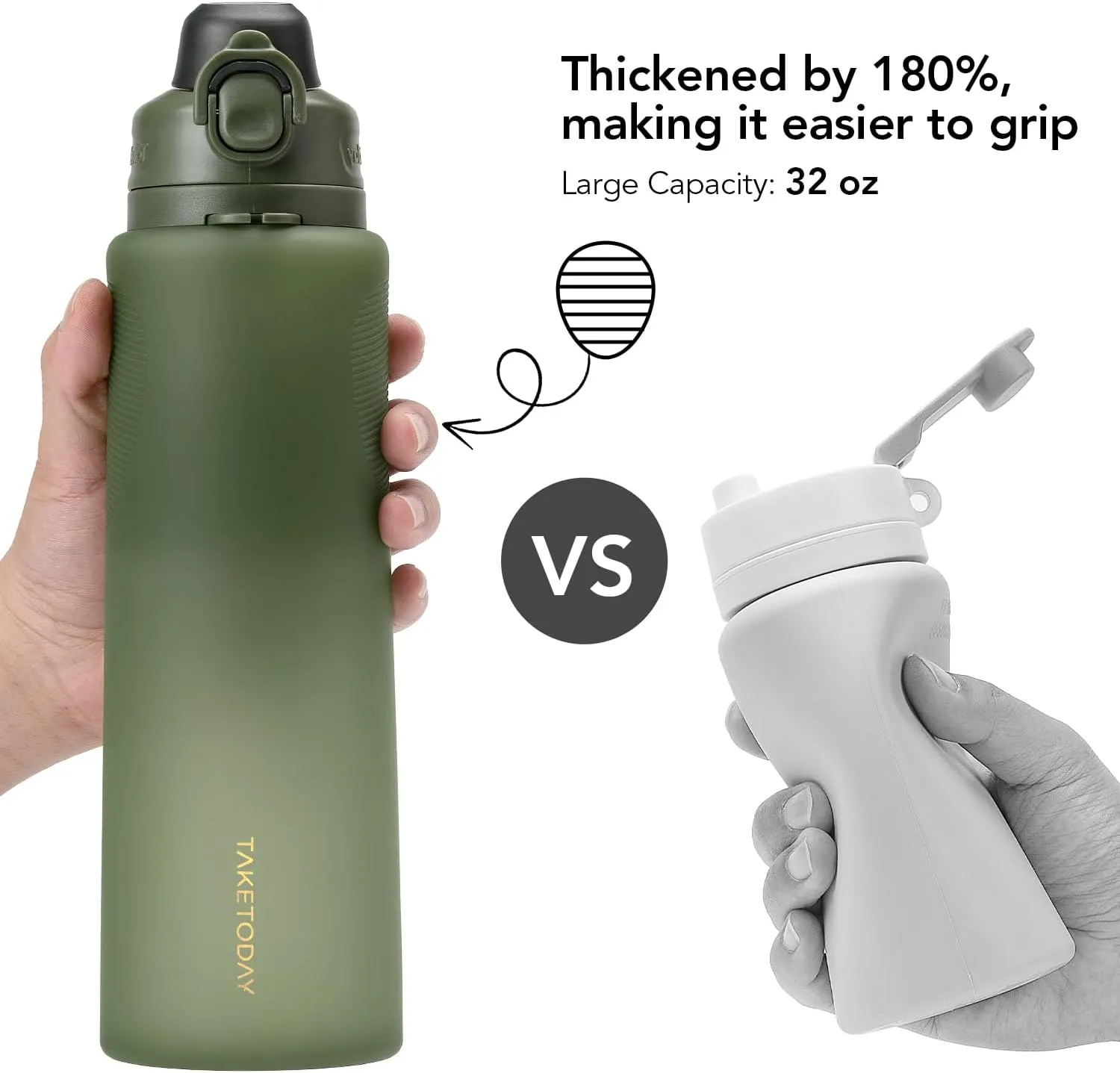 Collapsible 32oz Silicone Water Bottles, Foldable Travel Bottle with Strap, BPA Free, Leakproof for Hiking, International Travel, Outdoors(Green)