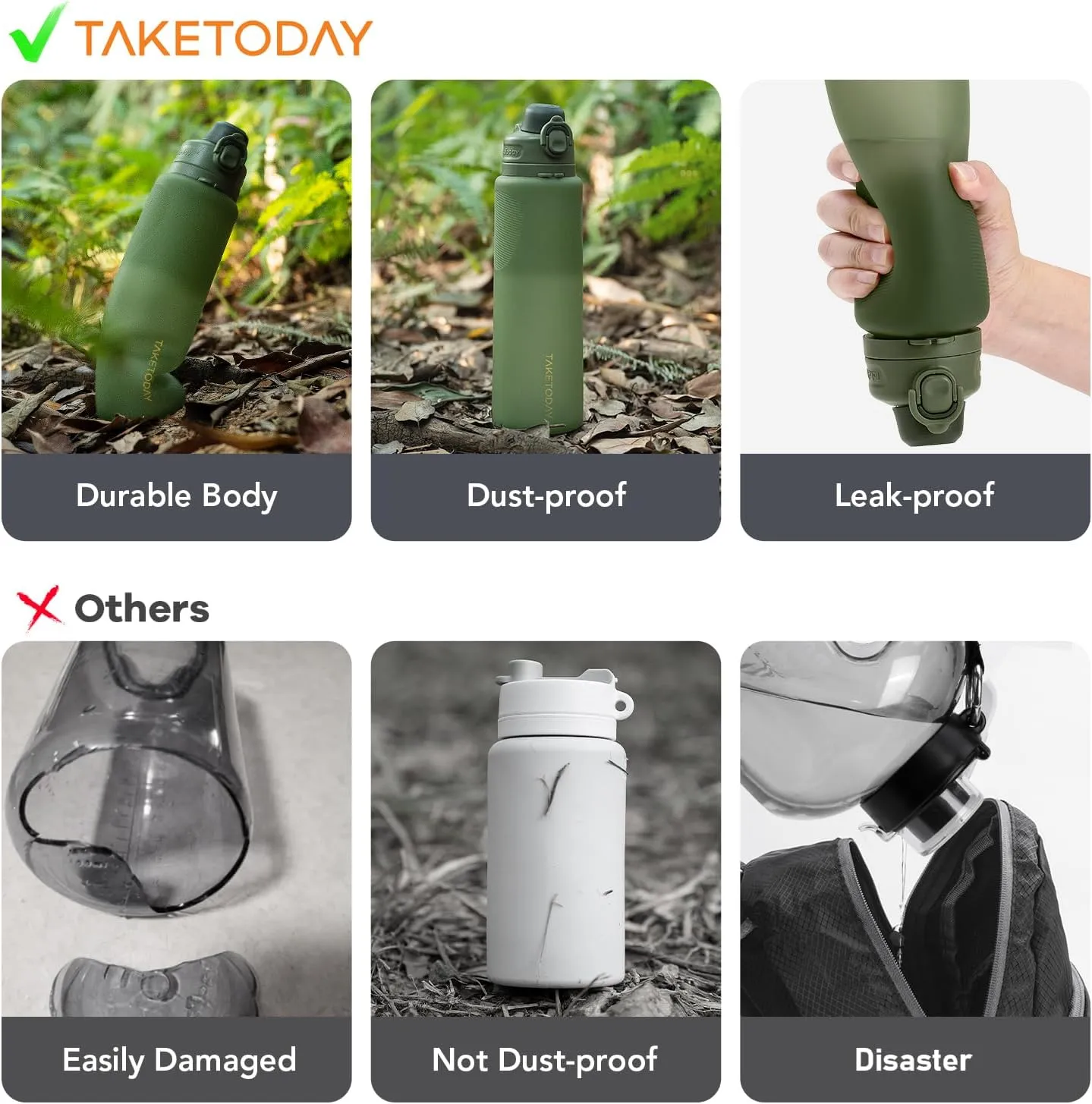 Collapsible 32oz Silicone Water Bottles, Foldable Travel Bottle with Strap, BPA Free, Leakproof for Hiking, International Travel, Outdoors(Green)