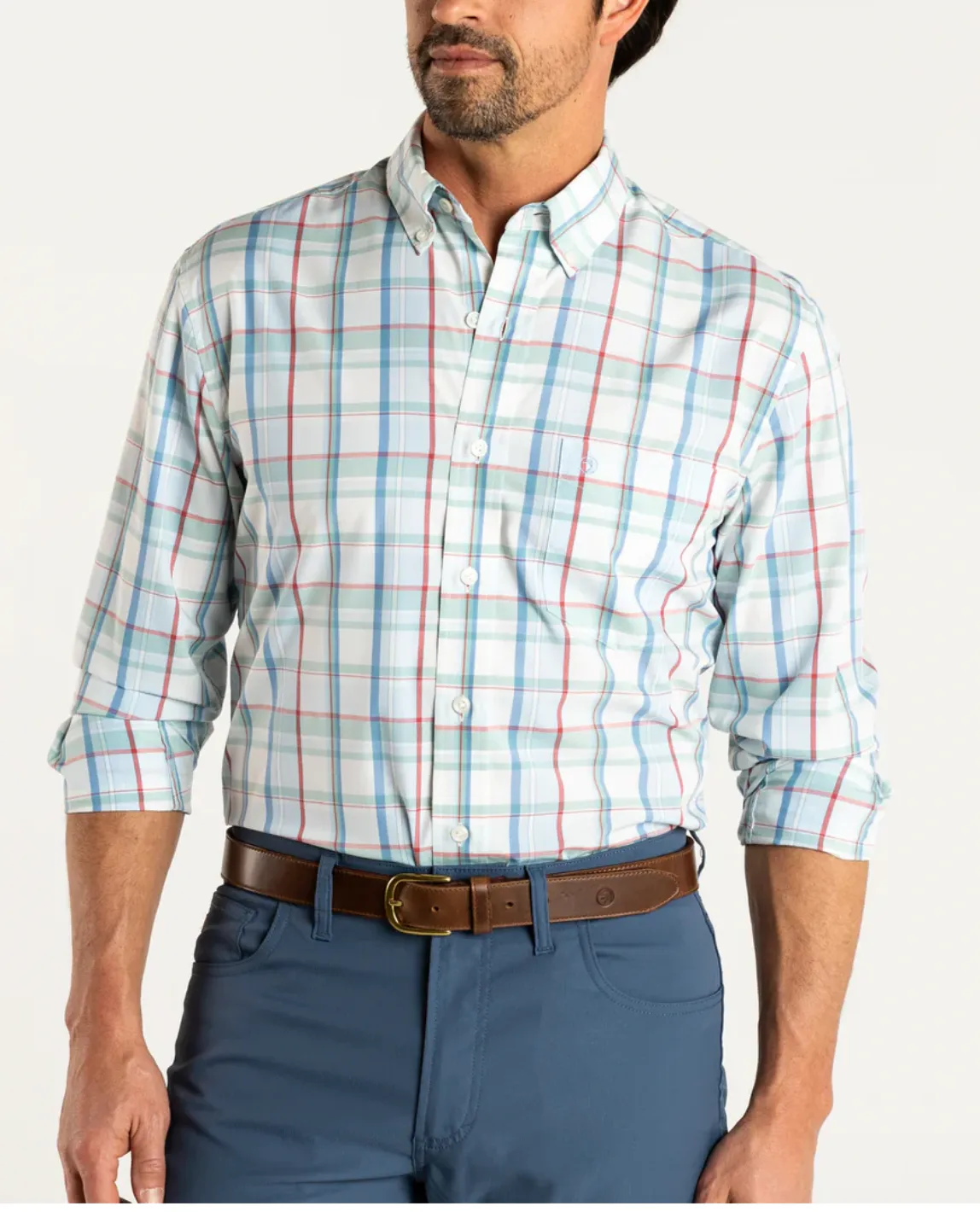 Duck Head Performance Poplin Sport Shirt Carson Plaid in light blue