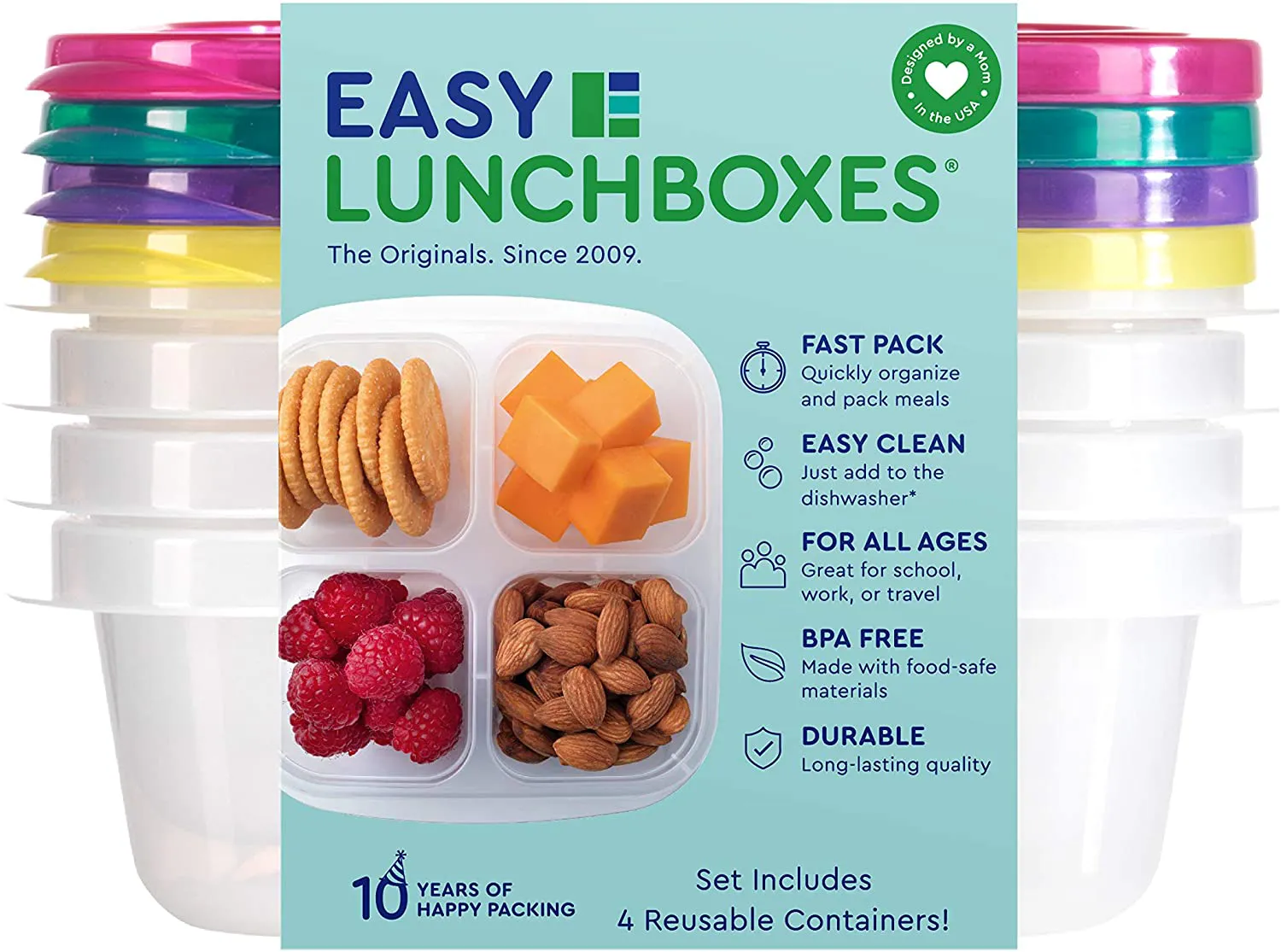 EasyLunchboxes - Bento Snack Boxes - Reusable 4-Compartment Food Containers for School, Work and Travel, Set of 4, (Pastels)