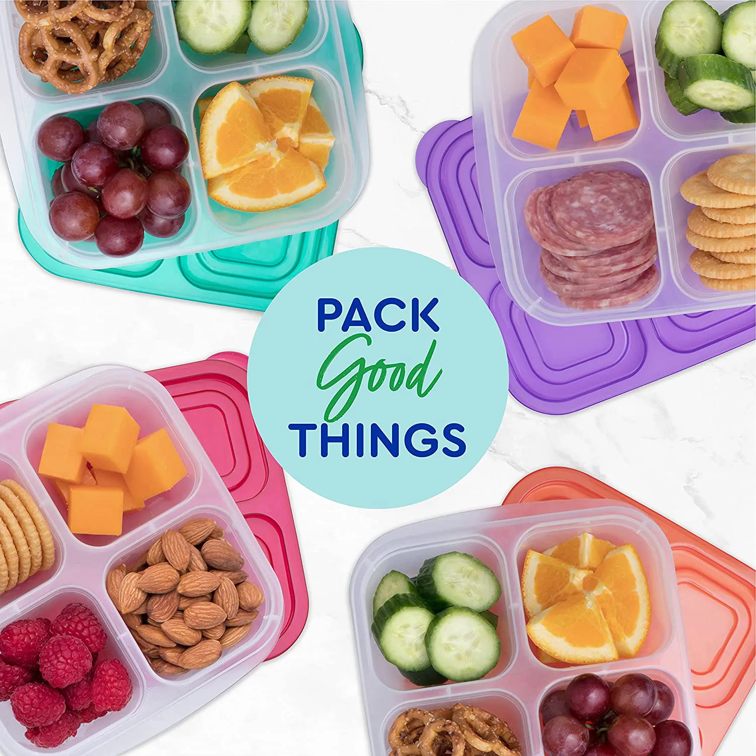 EasyLunchboxes - Bento Snack Boxes - Reusable 4-Compartment Food Containers for School, Work and Travel, Set of 4, (Pastels)