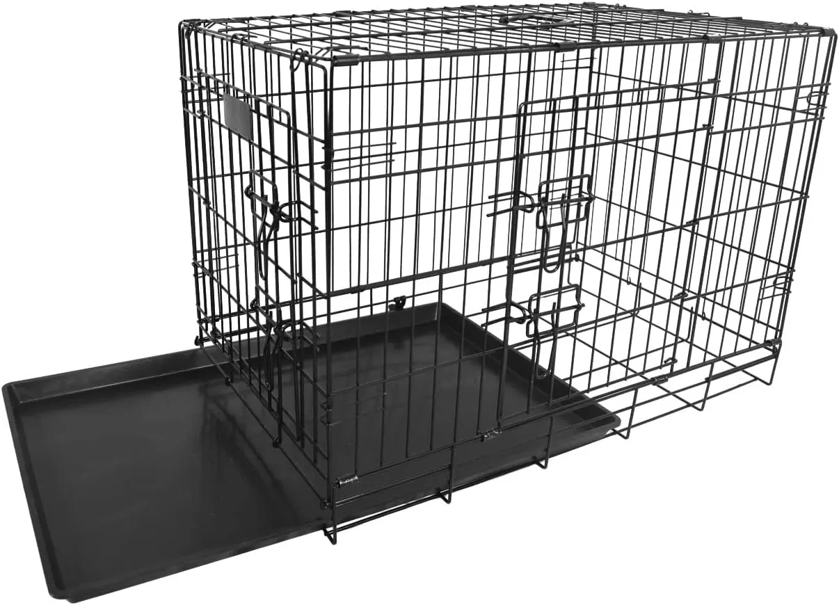 Foldable Double Door Dog Crate with Leak-Proof Track, 24-Inch