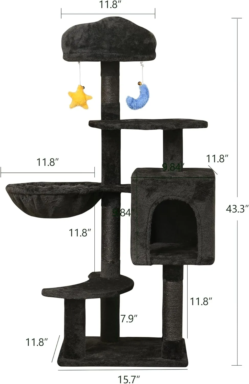 Gothic Cat Tree with Cat Condo for Indoor Cats Under 6 Months 12lbs, 43" Cute Cat Tower with Scratching Post, Cozy Hammock, Unique Perch, Dangling Toy, Cat Tree House for Kittens, Black