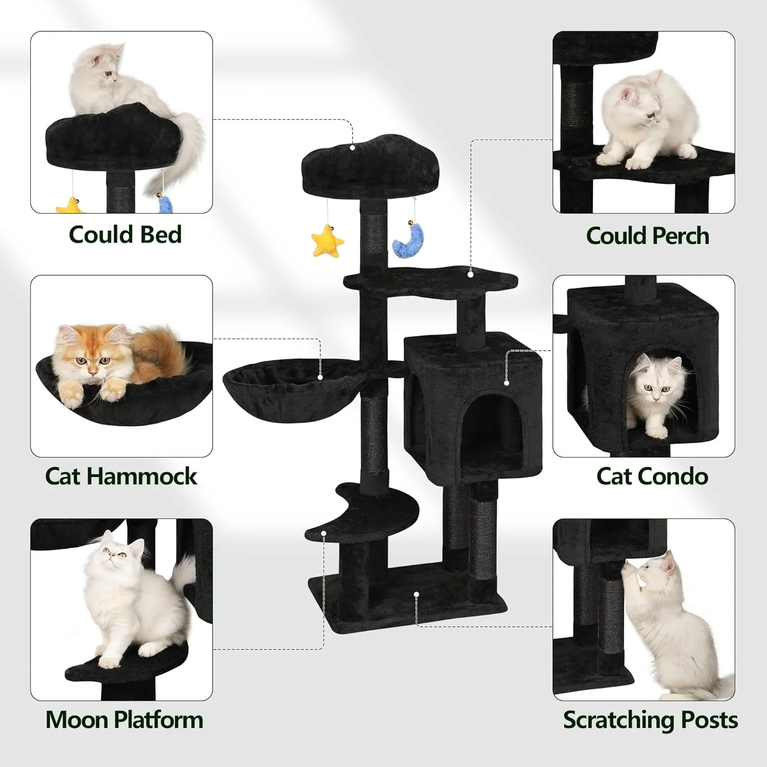 Gothic Cat Tree with Cat Condo for Indoor Cats Under 6 Months 12lbs, 43" Cute Cat Tower with Scratching Post, Cozy Hammock, Unique Perch, Dangling Toy, Cat Tree House for Kittens, Black