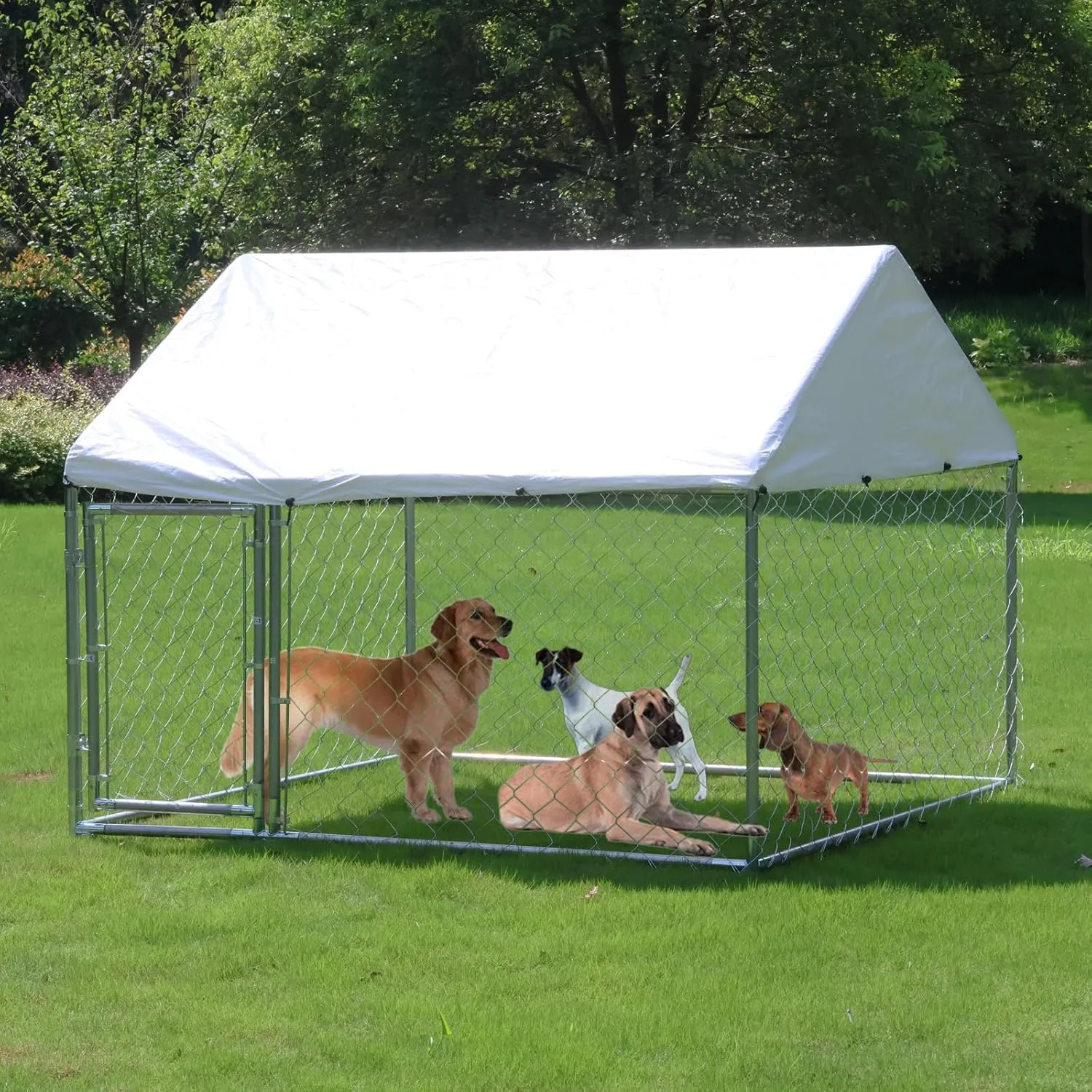 Large Outdoor/Outside Dog Kennel/Crate with Roof Galvanized Chain Link Dog Run Enclosure Heavy Duty Dog Pen/Playpen with Waterproof Cover and Lockable Door for Small/Medium/Large Dogs