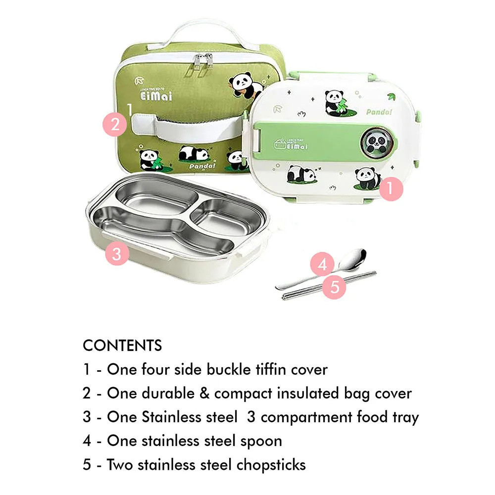 Little Surprise Box 2D Panda Medium Size Size Stainless Steel Lunch Box /Tiffin with Insulated Matching Lunch Bag, stainless steel spoon and chopsticks for Kids & Adults, 1000 ml