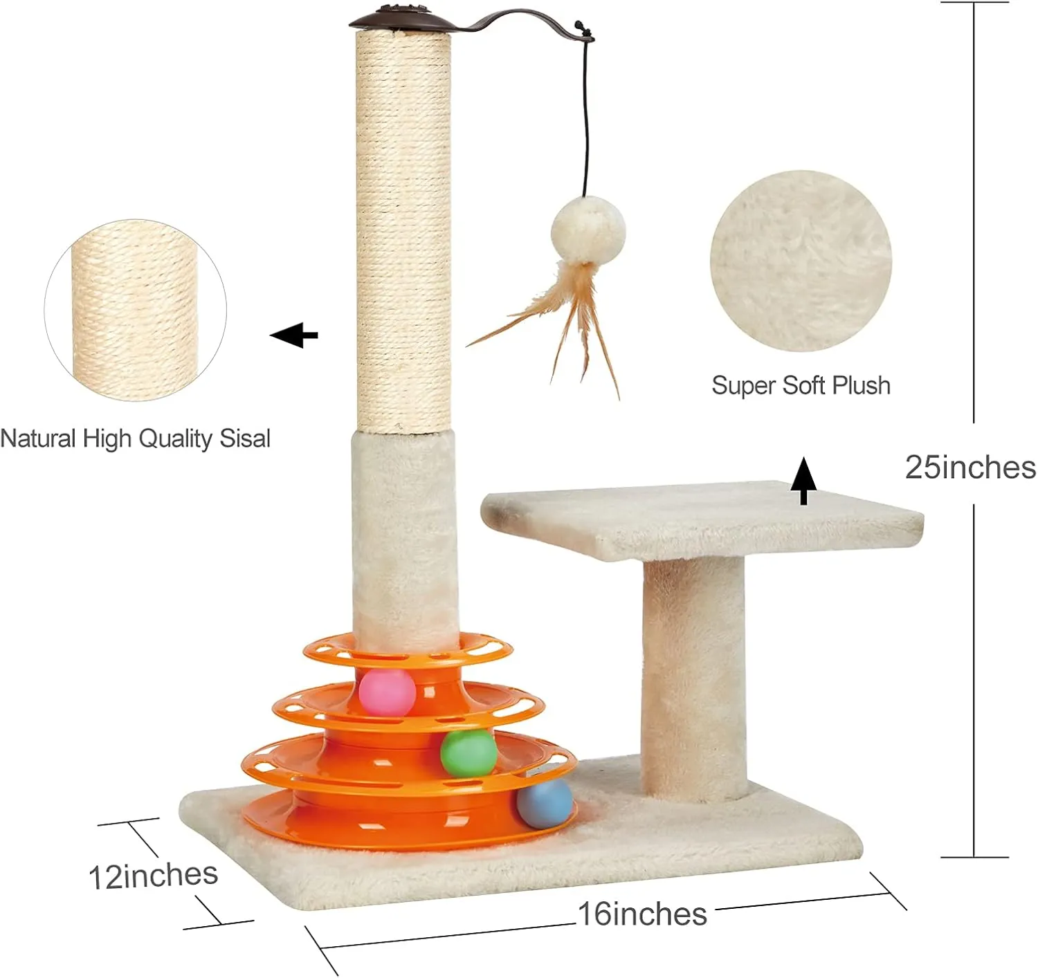 PEEKAB Cat Scratching Post Kitten Sisal Scratcher Tree with Tracks Toy Balls for Indoor Cats and Kittens - 25 inches