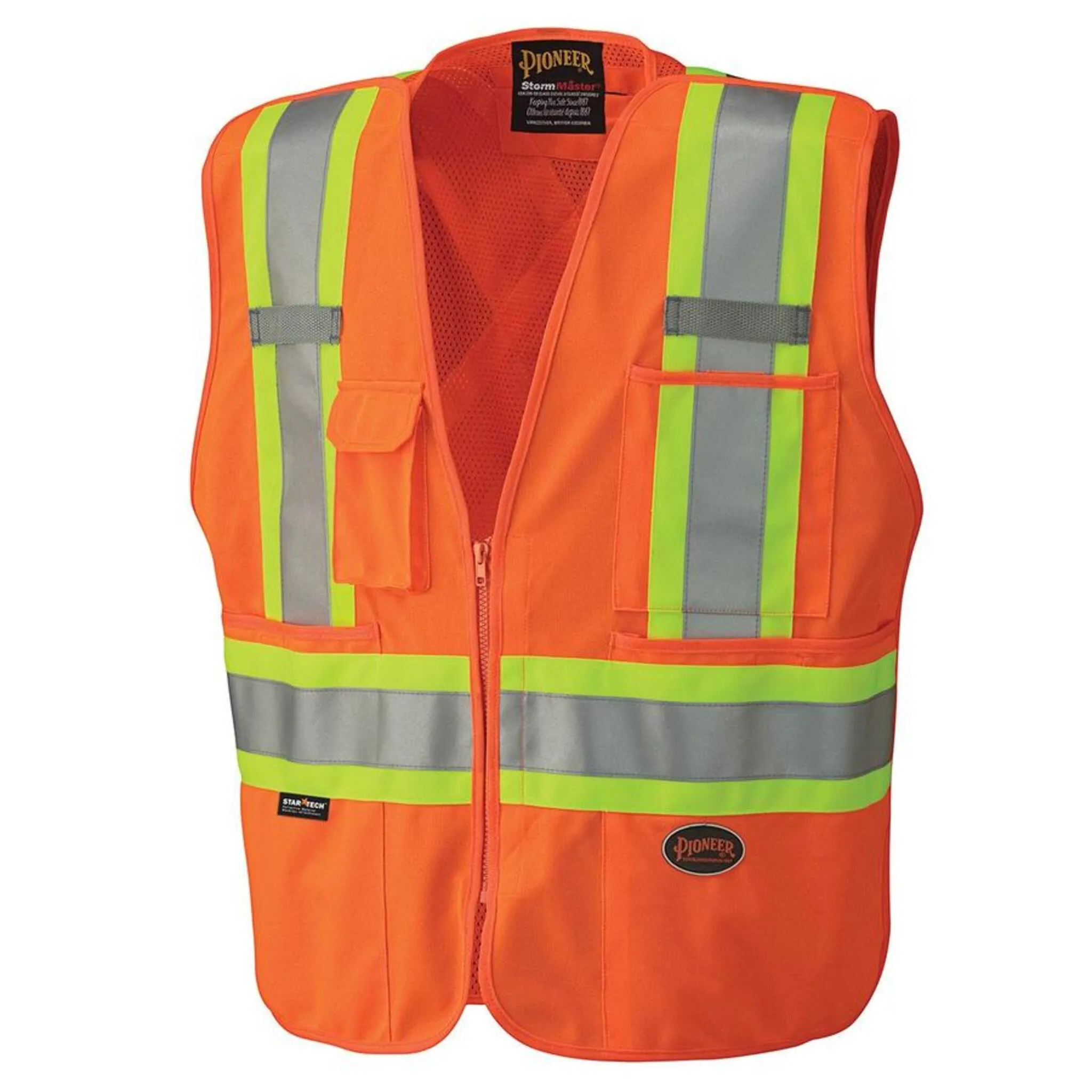 Pioneer Men's Hi Vis Traffic Safety Vest - CSA Certified, Tricot Poly, Zip-Front, Mesh Back, Tear-Away, Reflective Tape, 4 Pockets | Sizes S-5XL