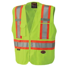 Pioneer Men's Hi Vis Traffic Safety Vest - CSA Certified, Tricot Poly, Zip-Front, Mesh Back, Tear-Away, Reflective Tape, 4 Pockets | Sizes S-5XL