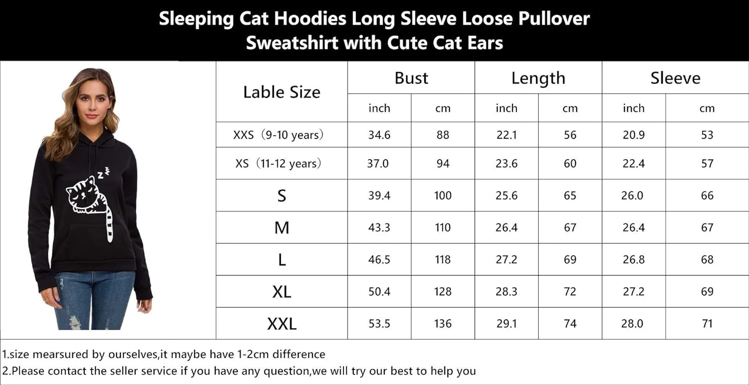 RGOSME Women Teen Girls Cat Hoodie Sweatshirt Cute Cat Ear Sleeping Cat Printed Pullover Sweatshirt