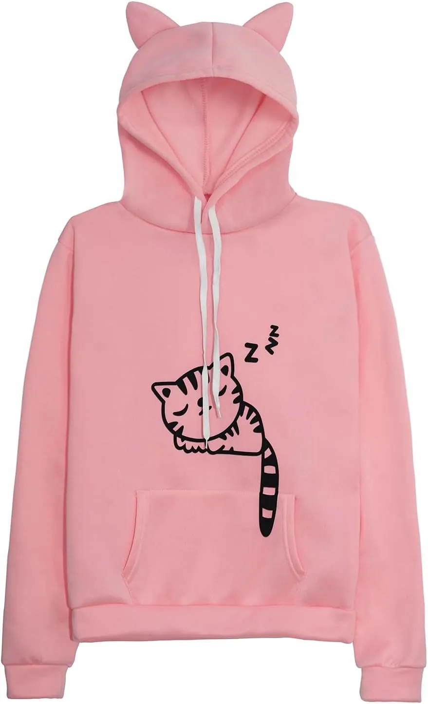 RGOSME Women Teen Girls Cat Hoodie Sweatshirt Cute Cat Ear Sleeping Cat Printed Pullover Sweatshirt