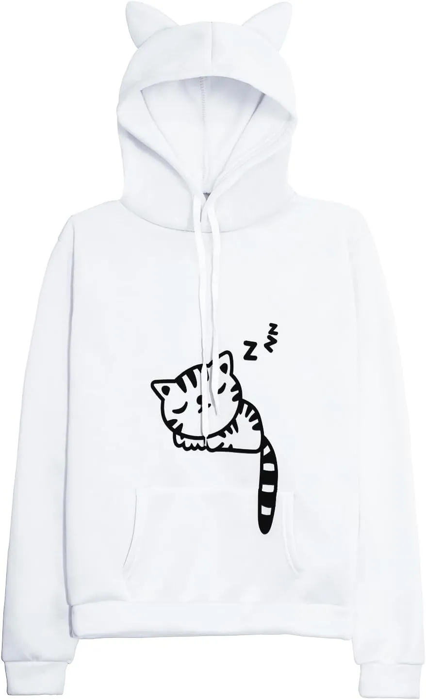 RGOSME Women Teen Girls Cat Hoodie Sweatshirt Cute Cat Ear Sleeping Cat Printed Pullover Sweatshirt
