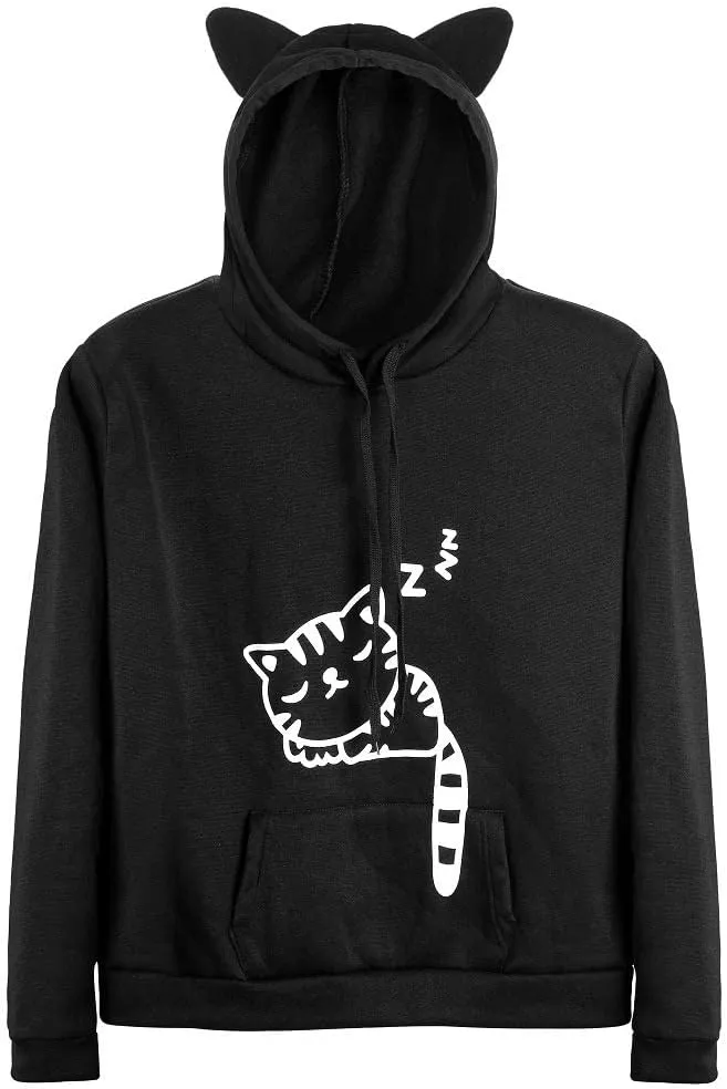 RGOSME Women Teen Girls Cat Hoodie Sweatshirt Cute Cat Ear Sleeping Cat Printed Pullover Sweatshirt