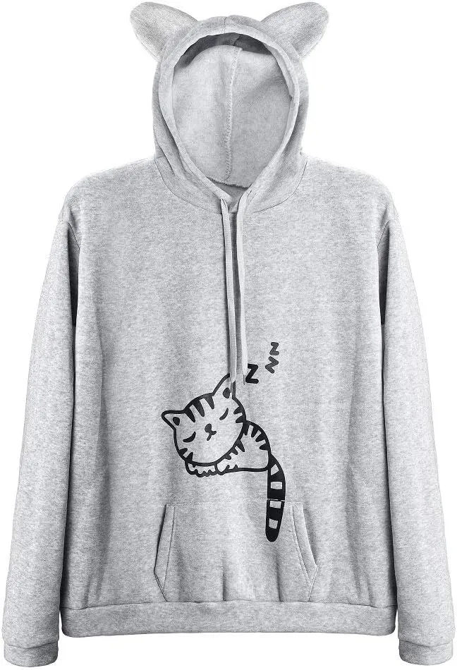 RGOSME Women Teen Girls Cat Hoodie Sweatshirt Cute Cat Ear Sleeping Cat Printed Pullover Sweatshirt